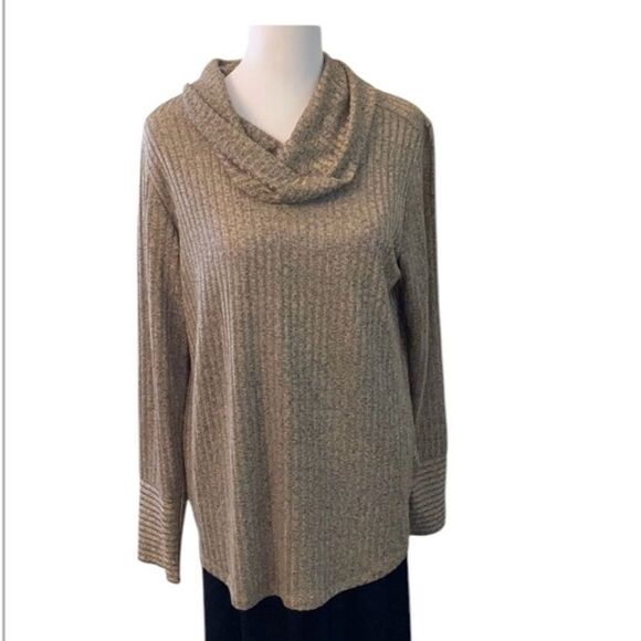 Jones New York NWT szM long sleeve heathered grey tan cowl neck high low tunic - Picture 1 of 16